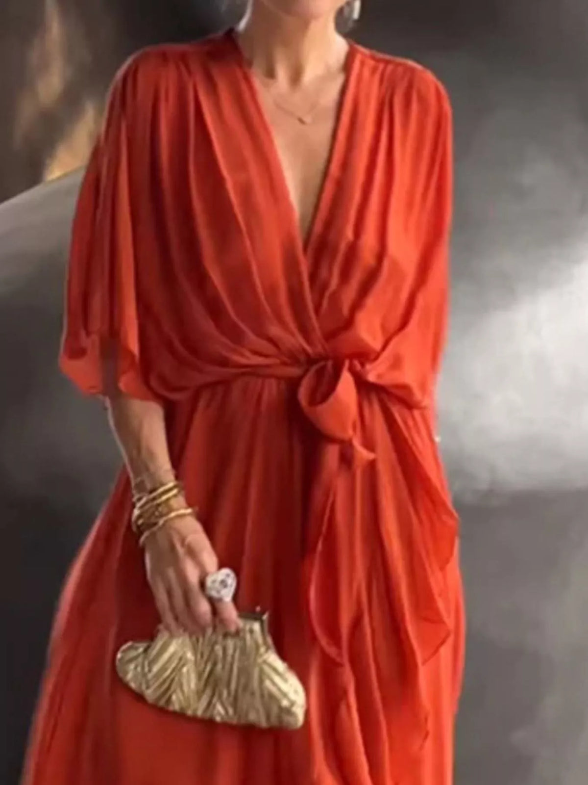 Full Size Chiffon Wrap Dress with Flutter Sleeves Plus Size