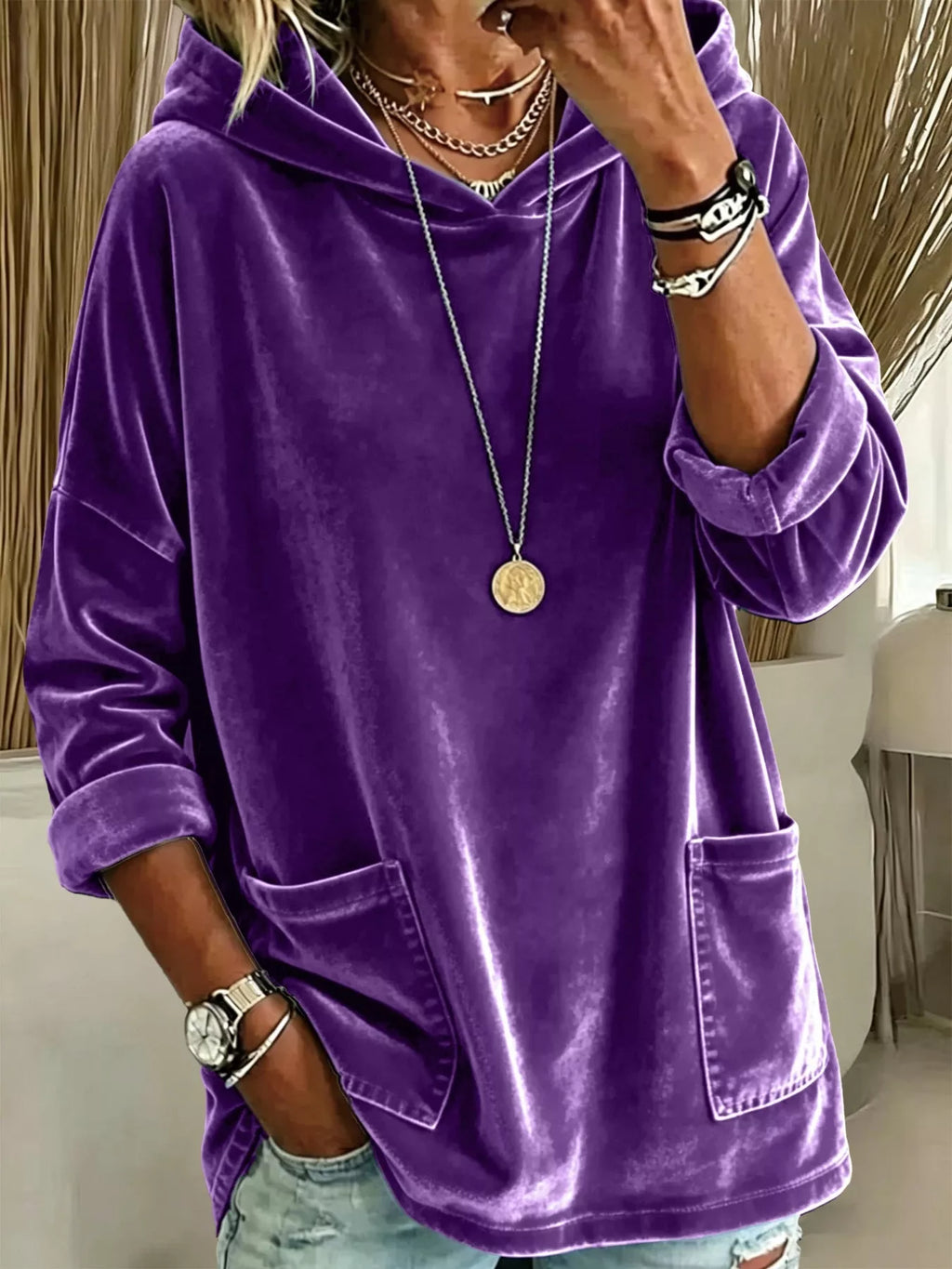 Full Size Velvet Long Sleeve Hoodie with Front Pockets Plus Size