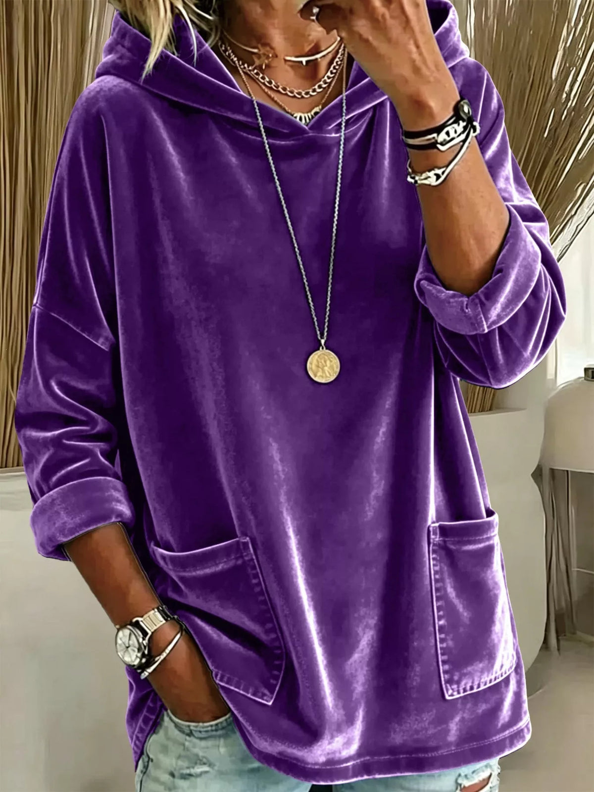 Full Size Velvet Long Sleeve Hoodie with Front Pockets Plus Size