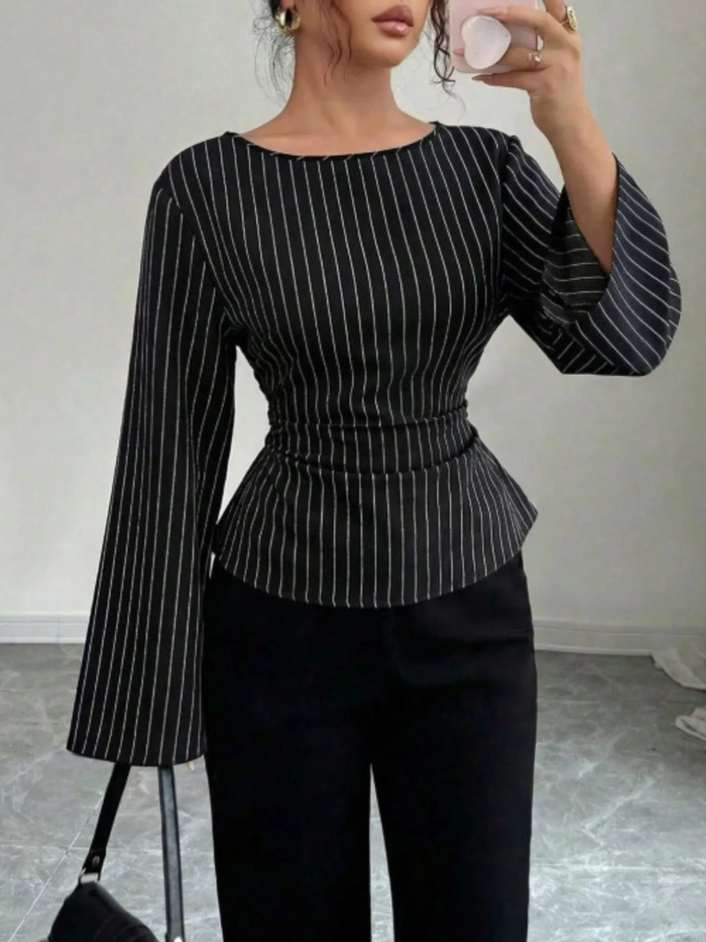 Elegant Pinstriped Bell Sleeve Blouse with Back Lace Up