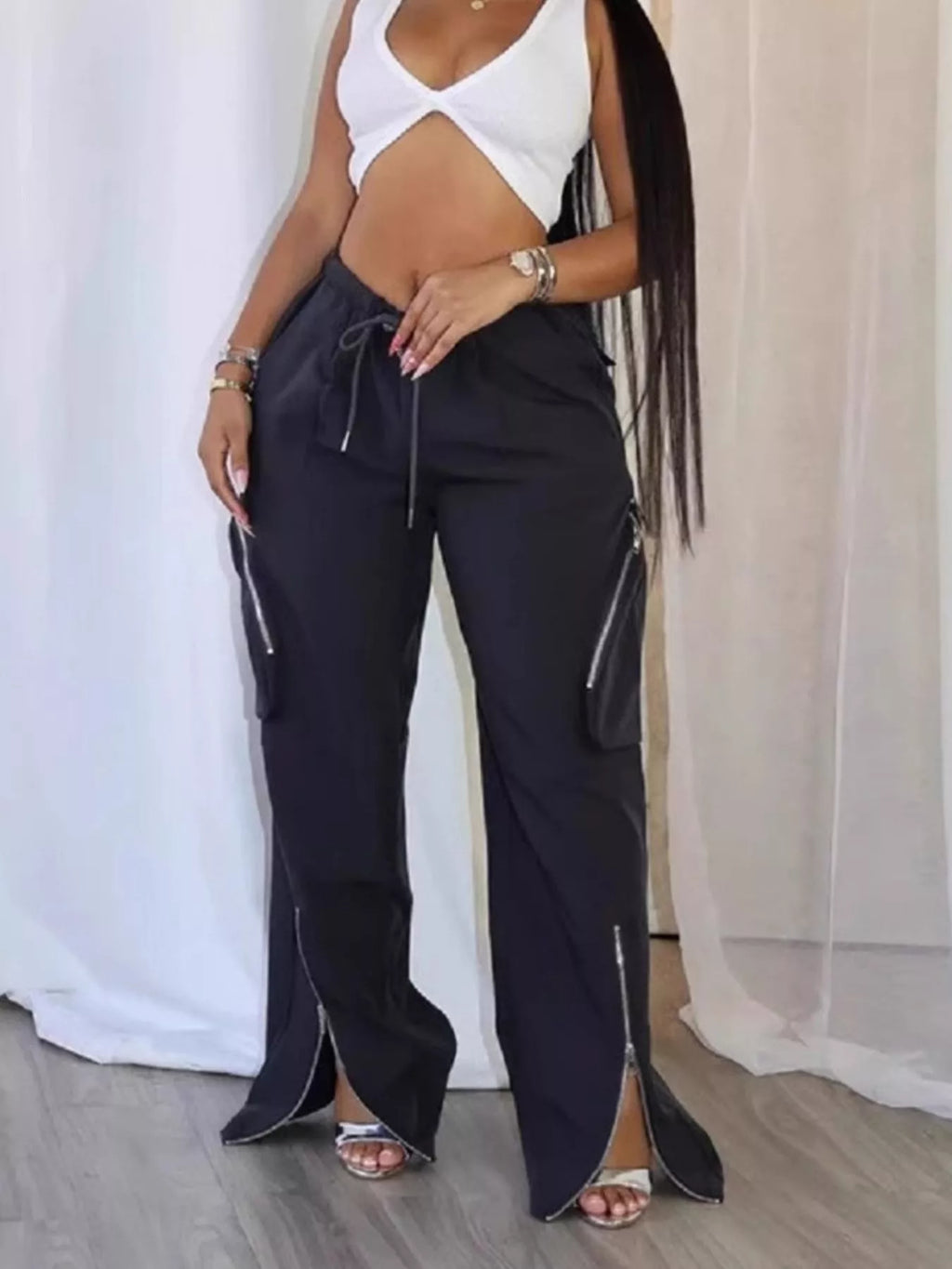 Drawstring Cargo Pants with Zipper Accents
