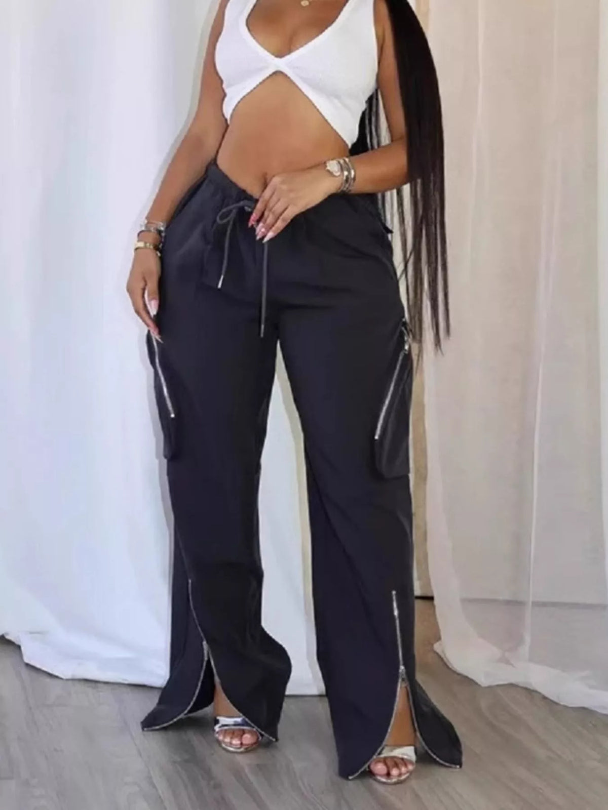 Drawstring Cargo Pants with Zipper Accents