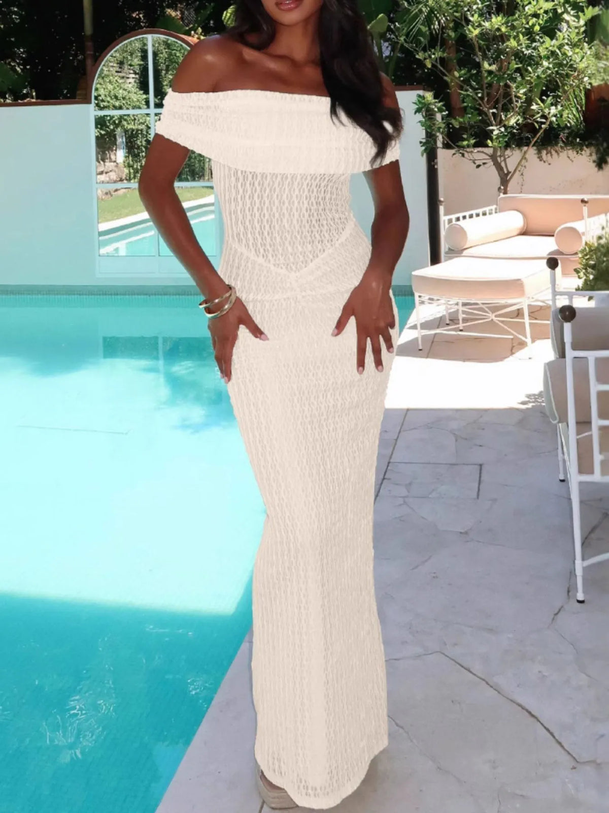Off Shoulder Texture Maxi Dress