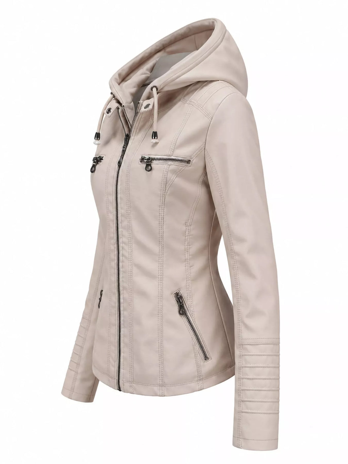 Full Size Detachable Hooded Faux Leather Moto Jacket Plus Size