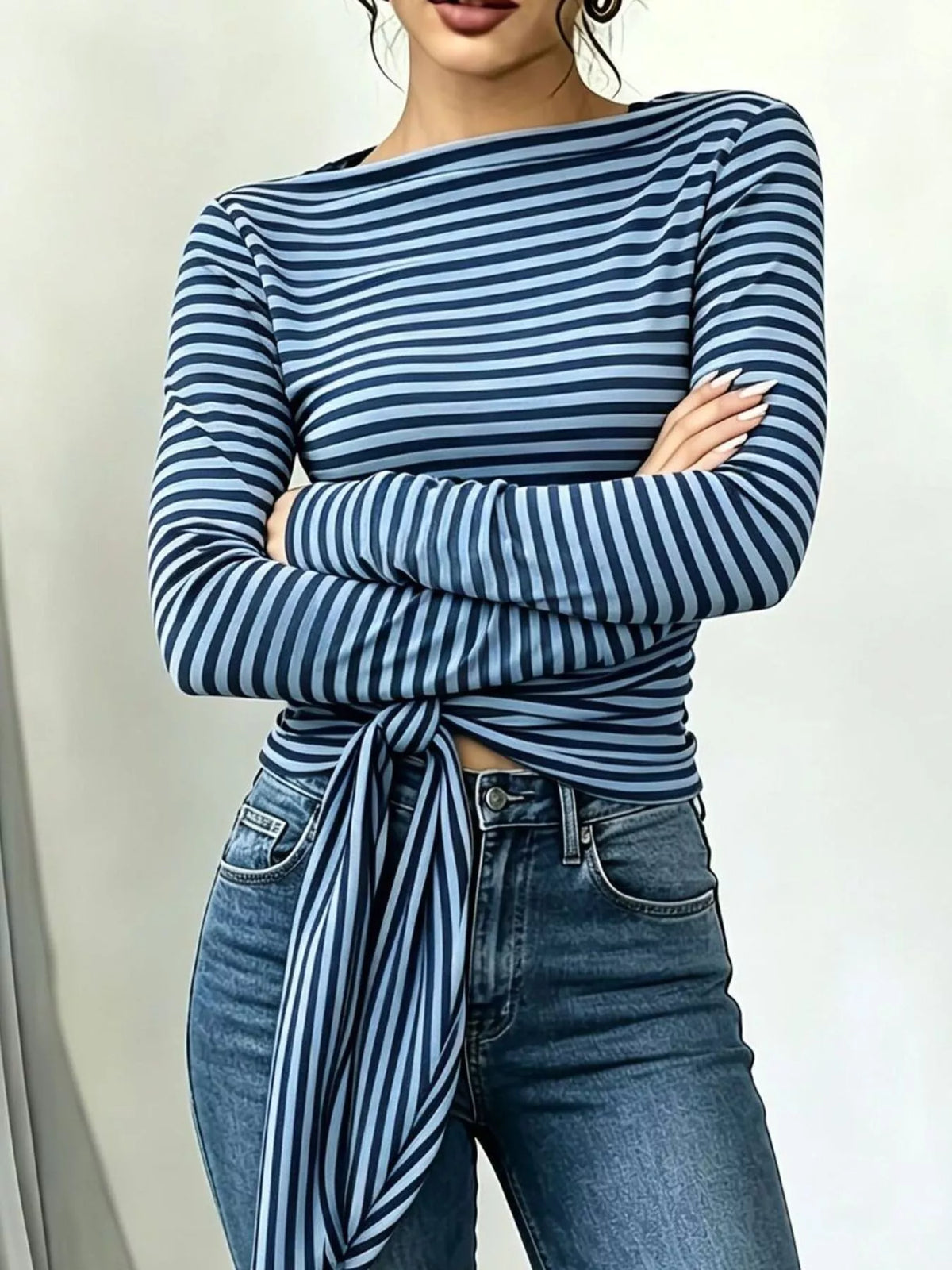 Long Sleeve Striped T-Shirt with Front Tie Detail
