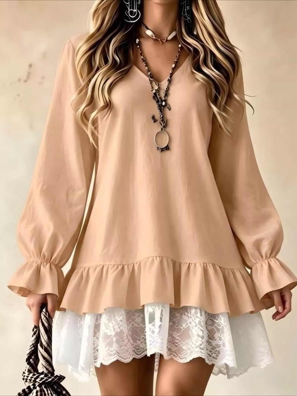 V-Neck Long Sleeve Ruffle Hem Lace Trim Mini Dress