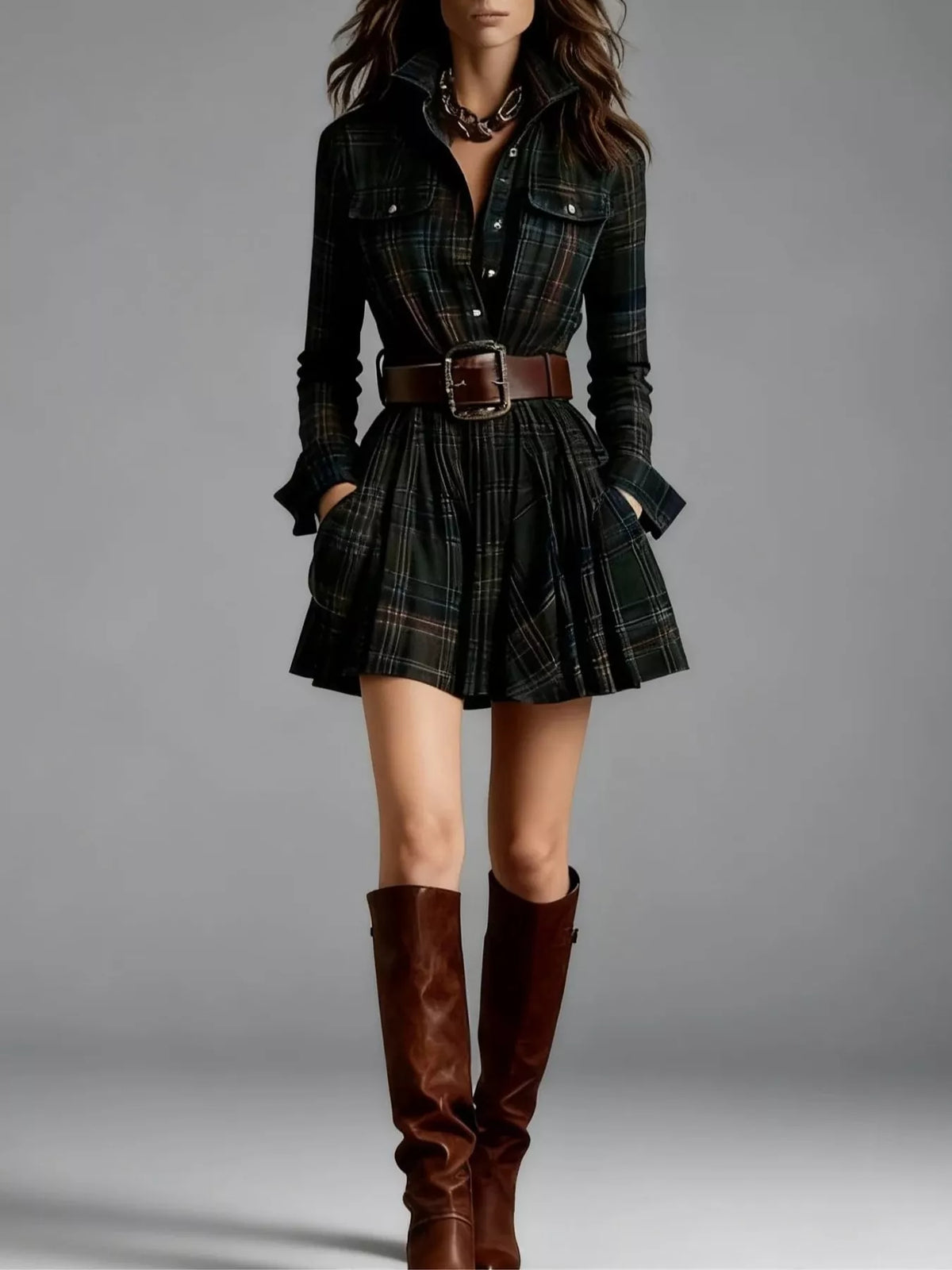 Plaid Long-Sleeve Shirt Dress