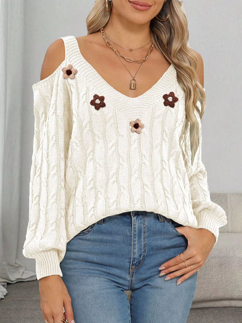 Floral Applique Cold Shoulder Cable Knit Sweater
