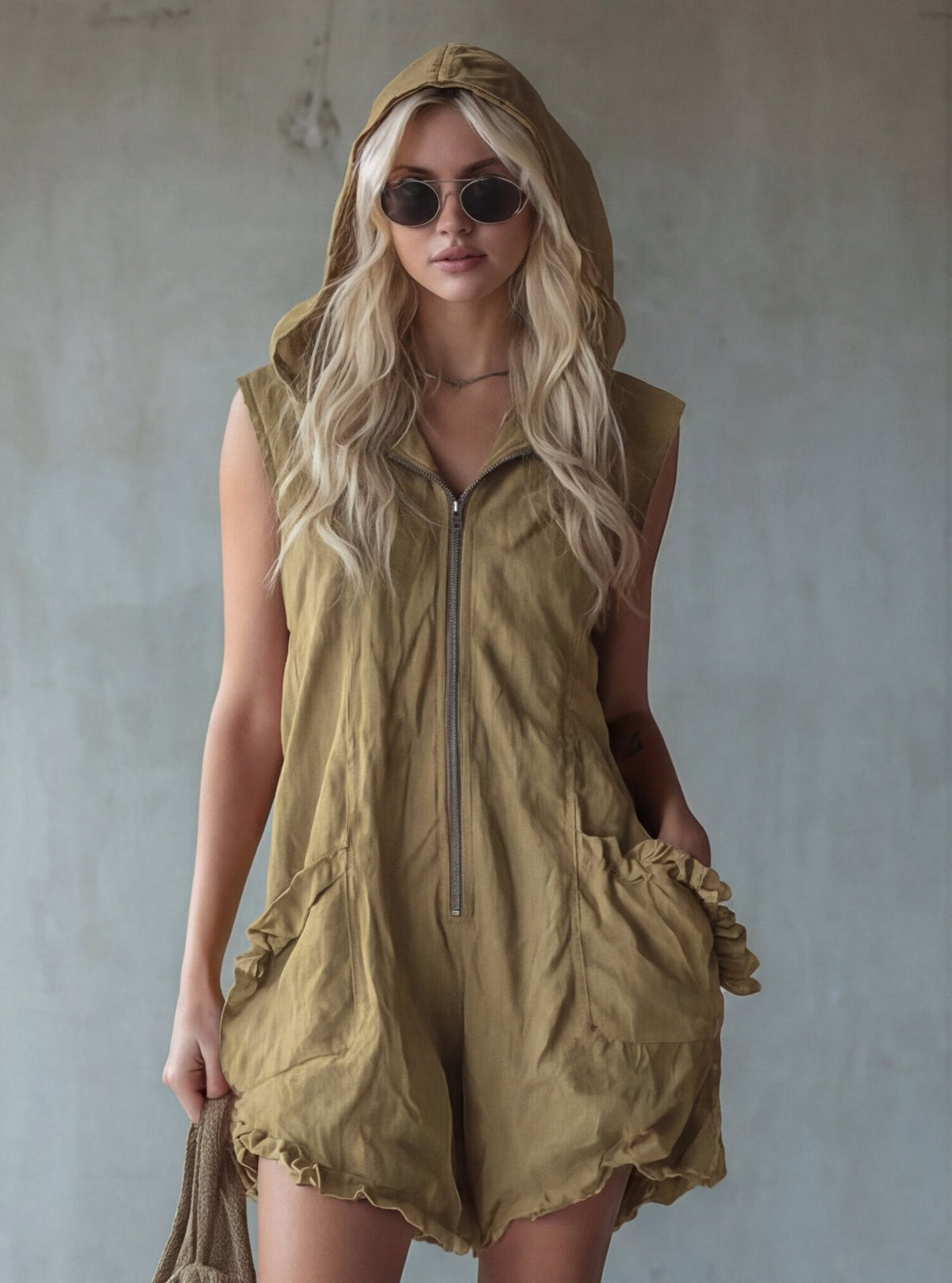 Vintage Style Hooded Zip-up Sleeveless Faux Linen Jumpsuit