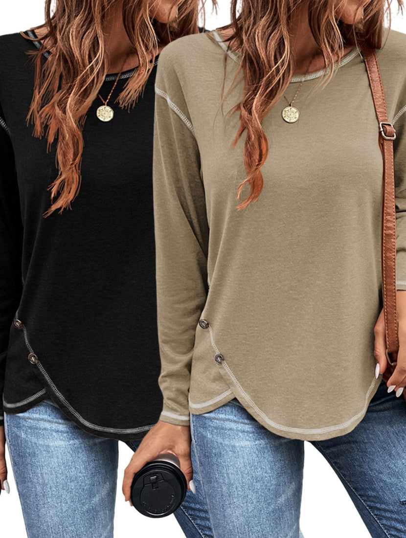 Europe And America New Women's Solid Button Irregular Edge T-shirt