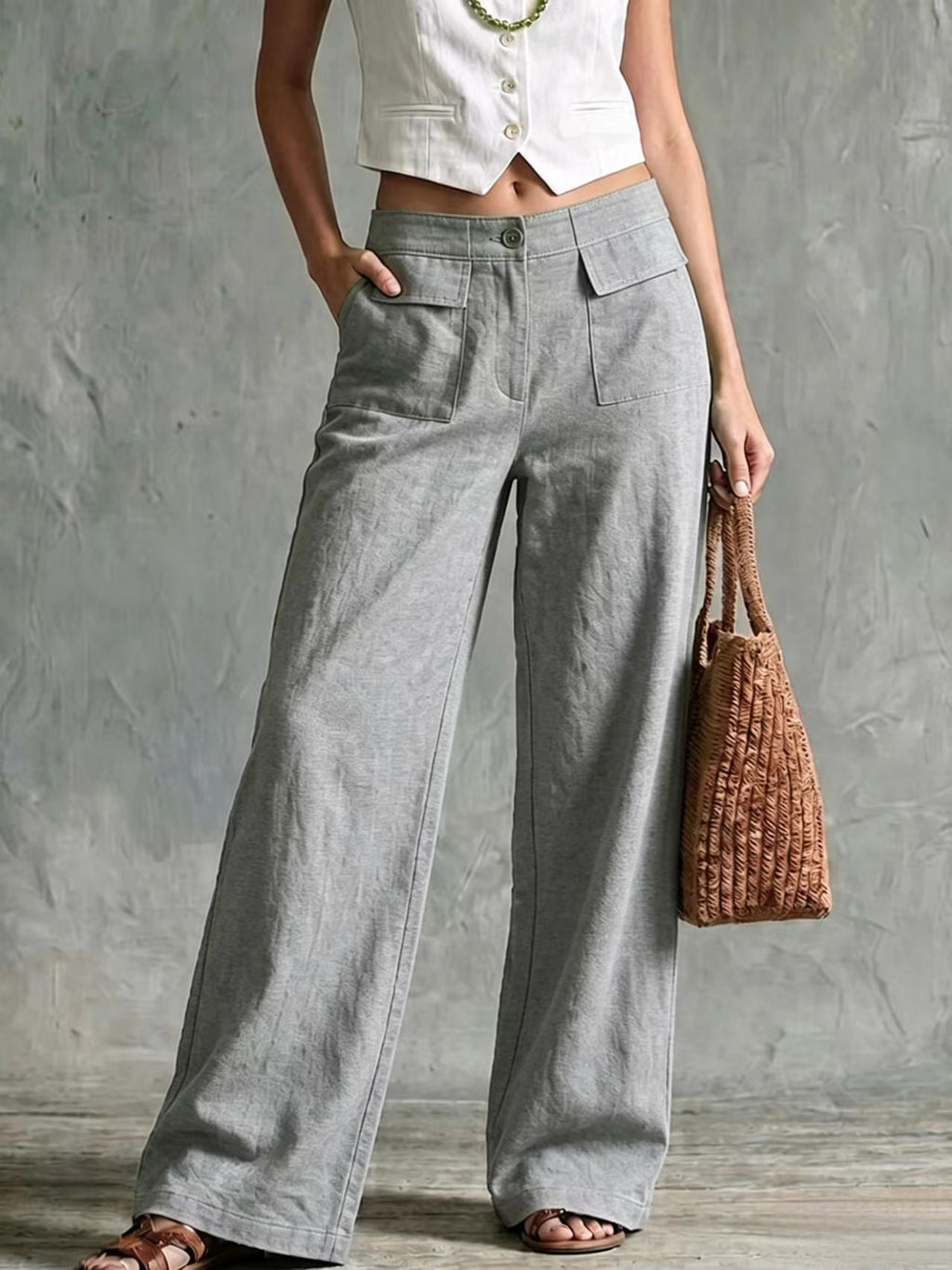 Women's Solid Color Loose Fit Casual Pants - Elastic Waist Trousers for Daily Wear