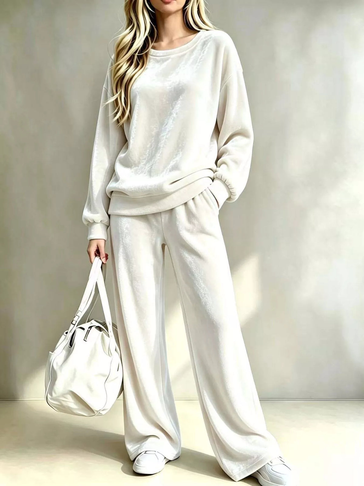 Full Size Velvet Dropped Shoulder Top and Wide-Leg Pants Set Plus Size