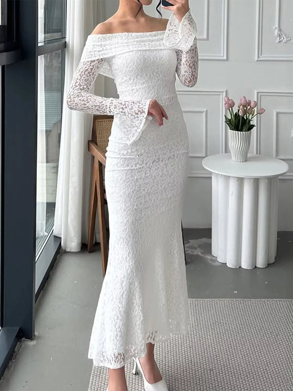 Off-Shoulder Lace Bodycon Maxi Dress