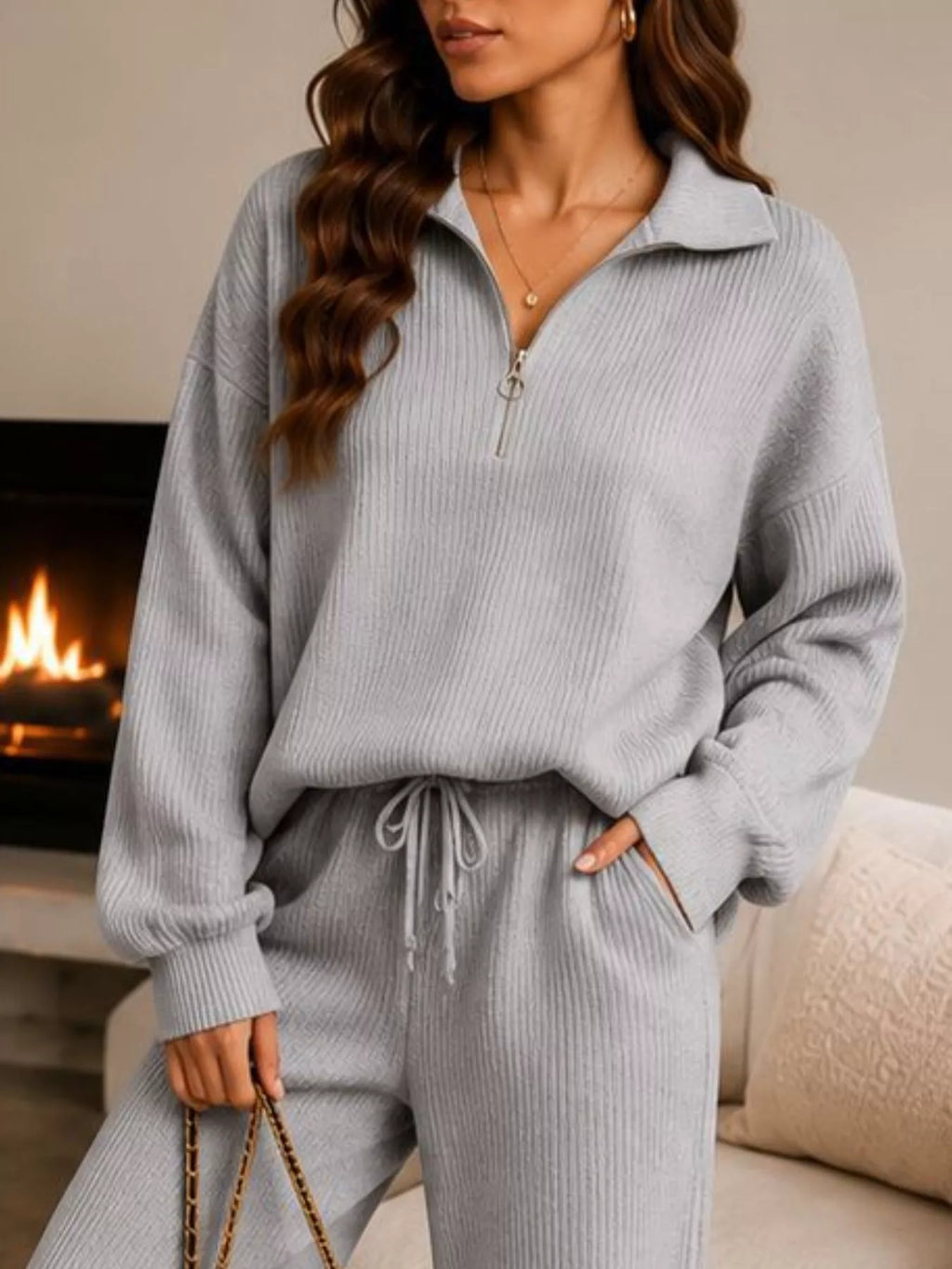 Cozy Ribbed Knit Quarter-Zip Top and Wide-Leg Set