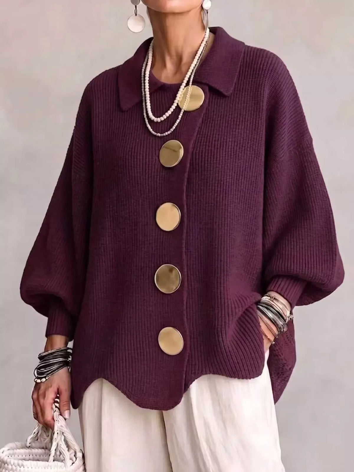 Full Size Ribbed Knit Gold Buttons Cardigan Plus Size
