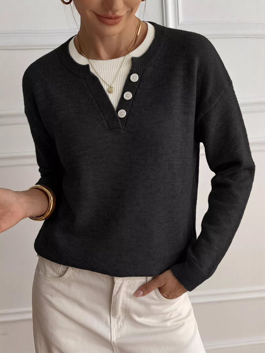 Decor Button-Placket Ribbed Knit Sweater