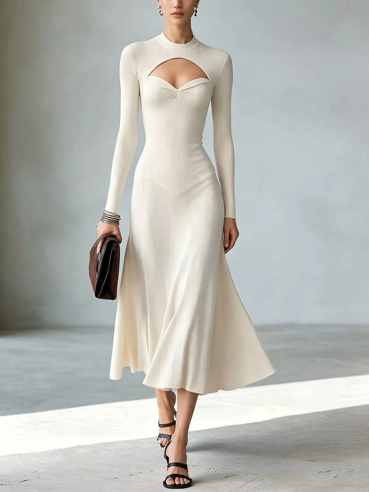 Full Size Mock Neck Cut-Out Long Sleeve Midi Dress Plus Size