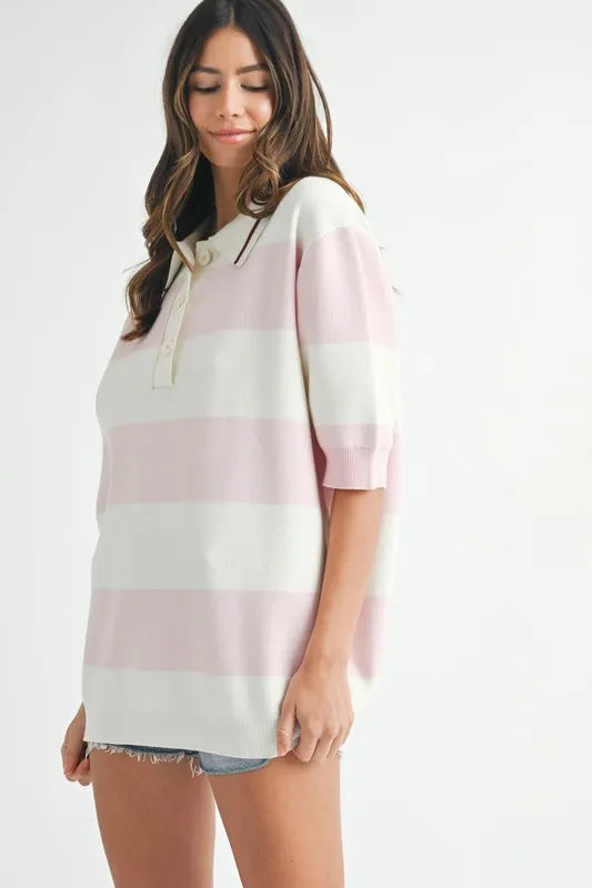MABLE Oversized Stripe Polo Collar Sweater