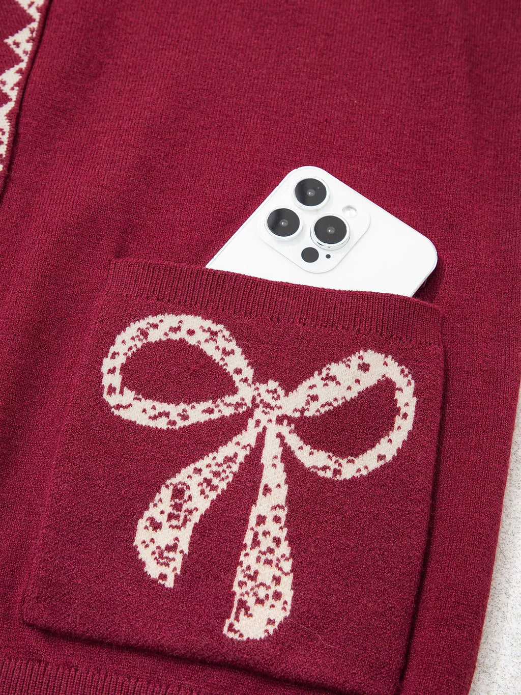 Bow Pocket Collar Long Sleeve Knit Cardigan