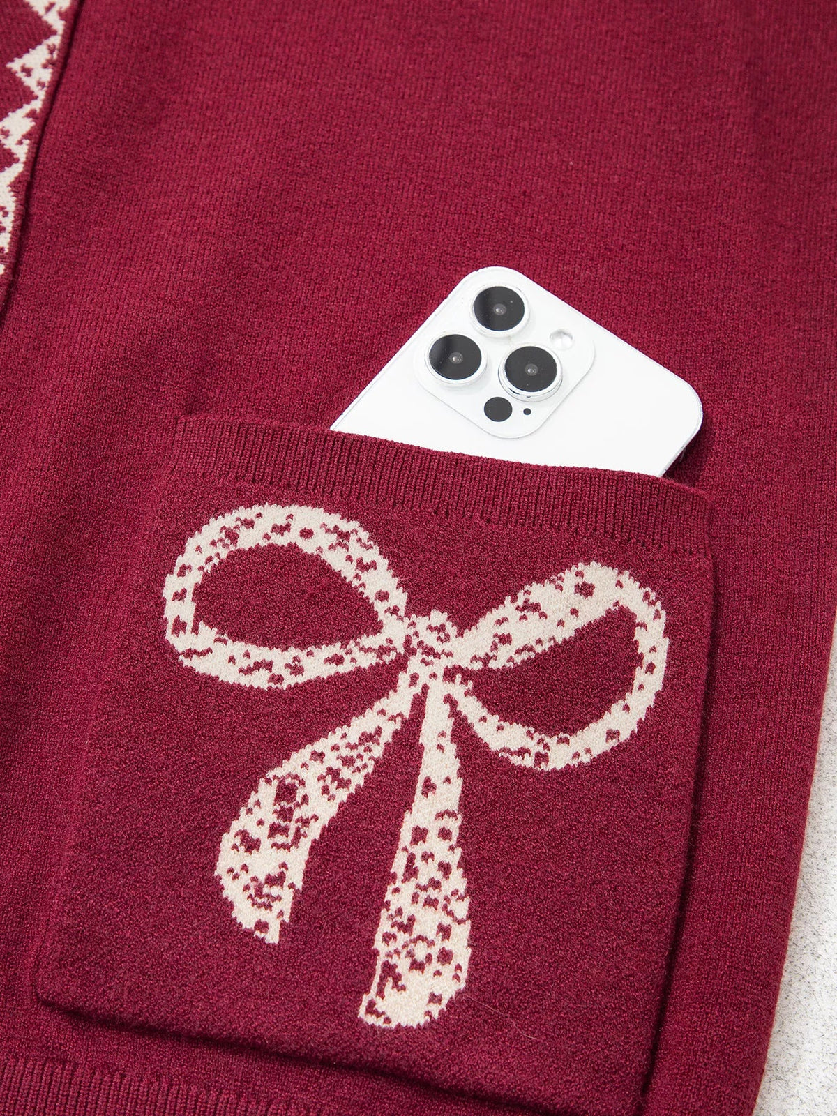 Bow Pocket Collar Long Sleeve Knit Cardigan