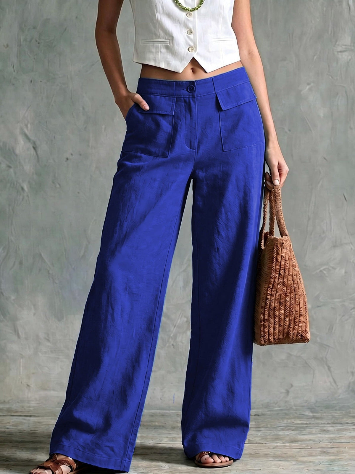 Women's Solid Color Loose Fit Casual Pants - Elastic Waist Trousers for Daily Wear