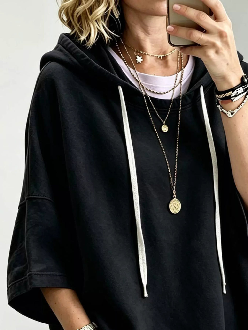 Drawstring 3/4 Sleeve Hoodie