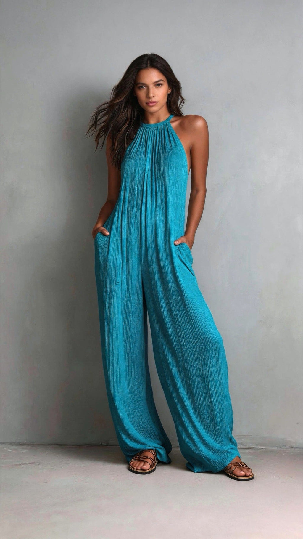 Cross-Border Foreign Trade Women's Clothing European And American Style Halter Neck Sleeveless Vacation Style White Pleated Backless Wide-Leg Jumpsuit