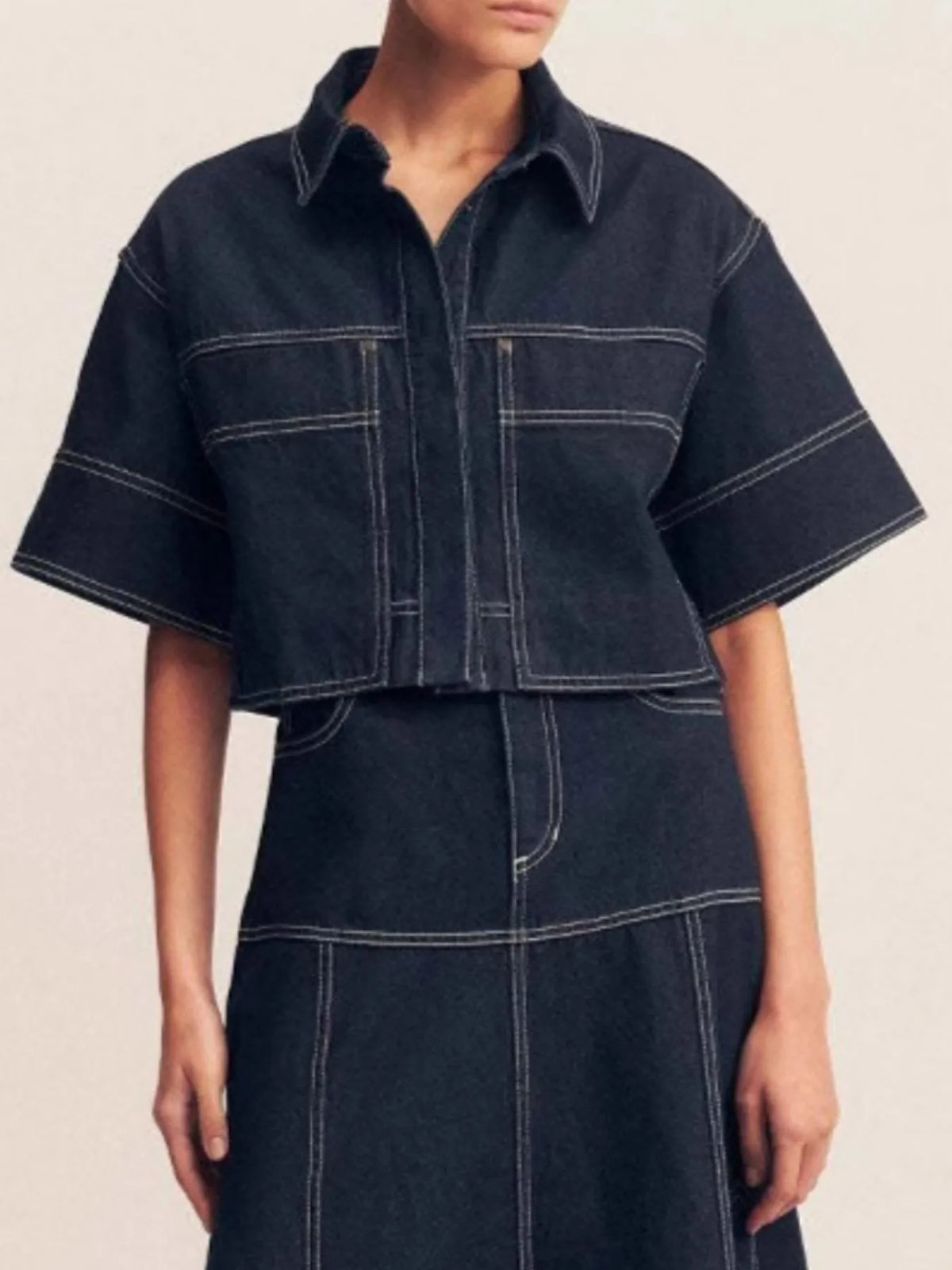 Cropped Short Sleeve Contrast Stitch Denim Top