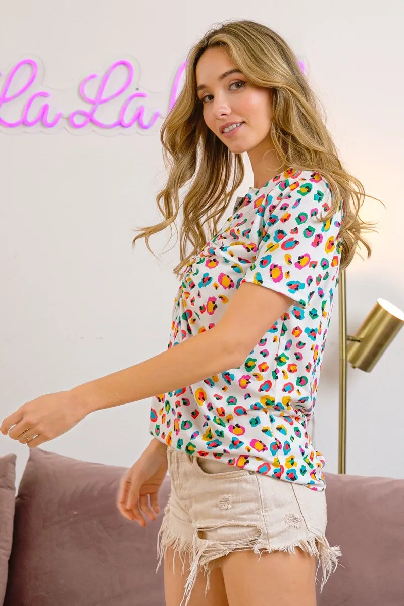 BiBi Multi Color Leopard Jersey Shirred V Neck Top