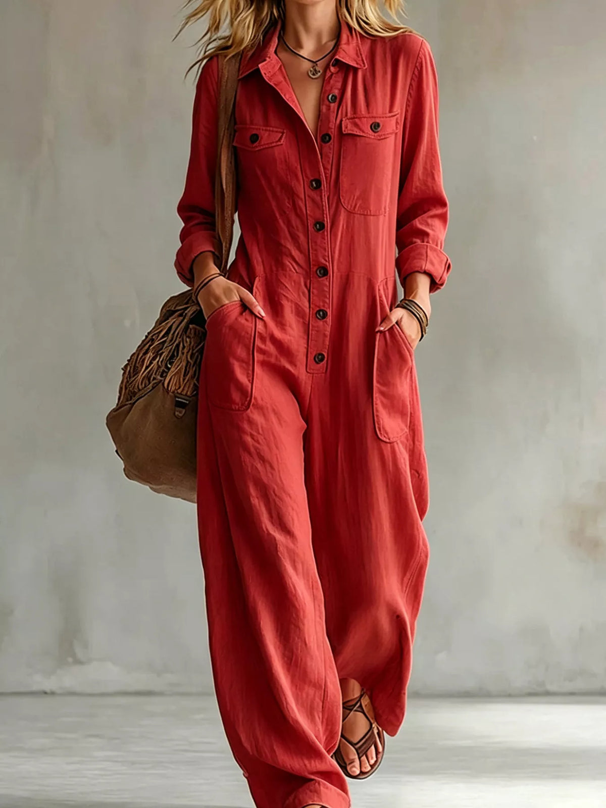 Full Size Long Sleeve Button Front Jumpsuit Plus Size