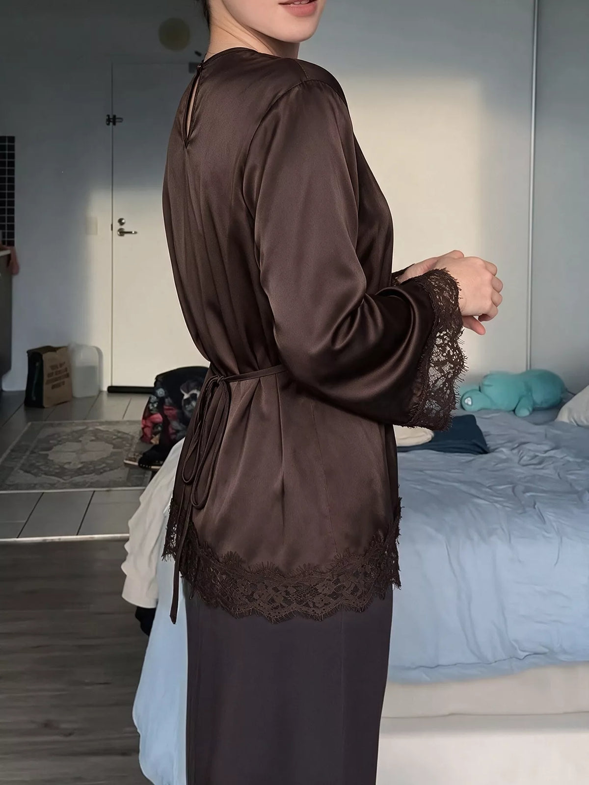 Lace Trim Long Sleeve Satin Blouse