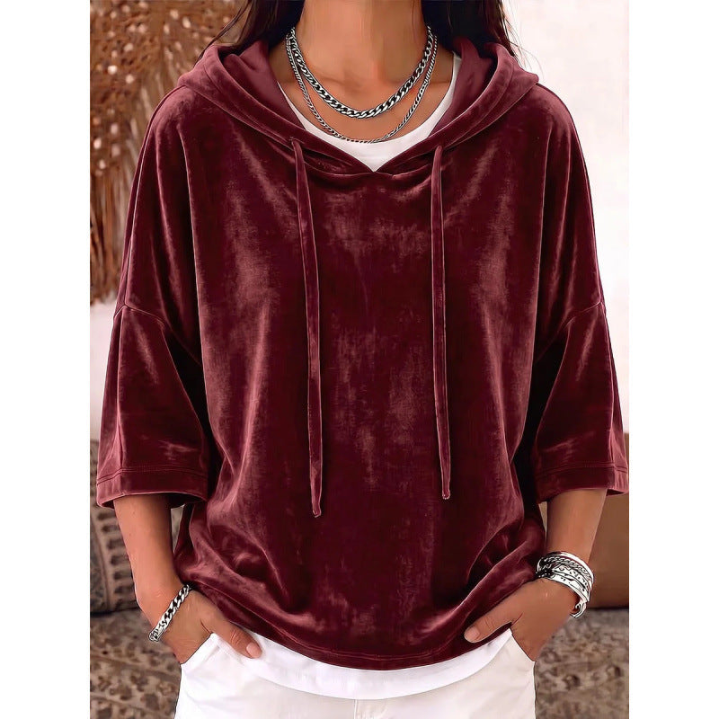 Solid-color Drawstring Three-quarter-sleeve Velvet Hoodie
