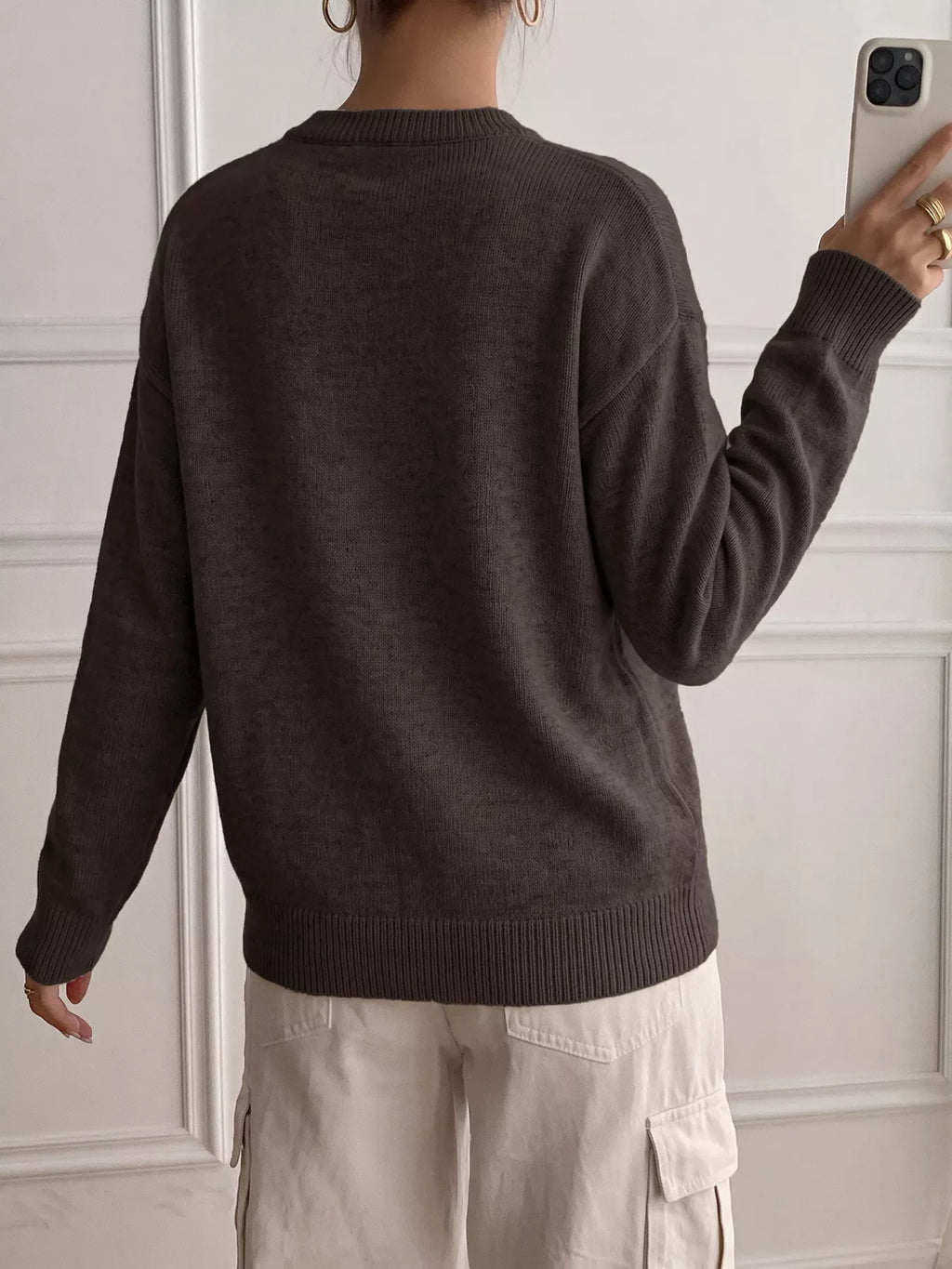 Decor Button-Placket Ribbed Knit Sweater