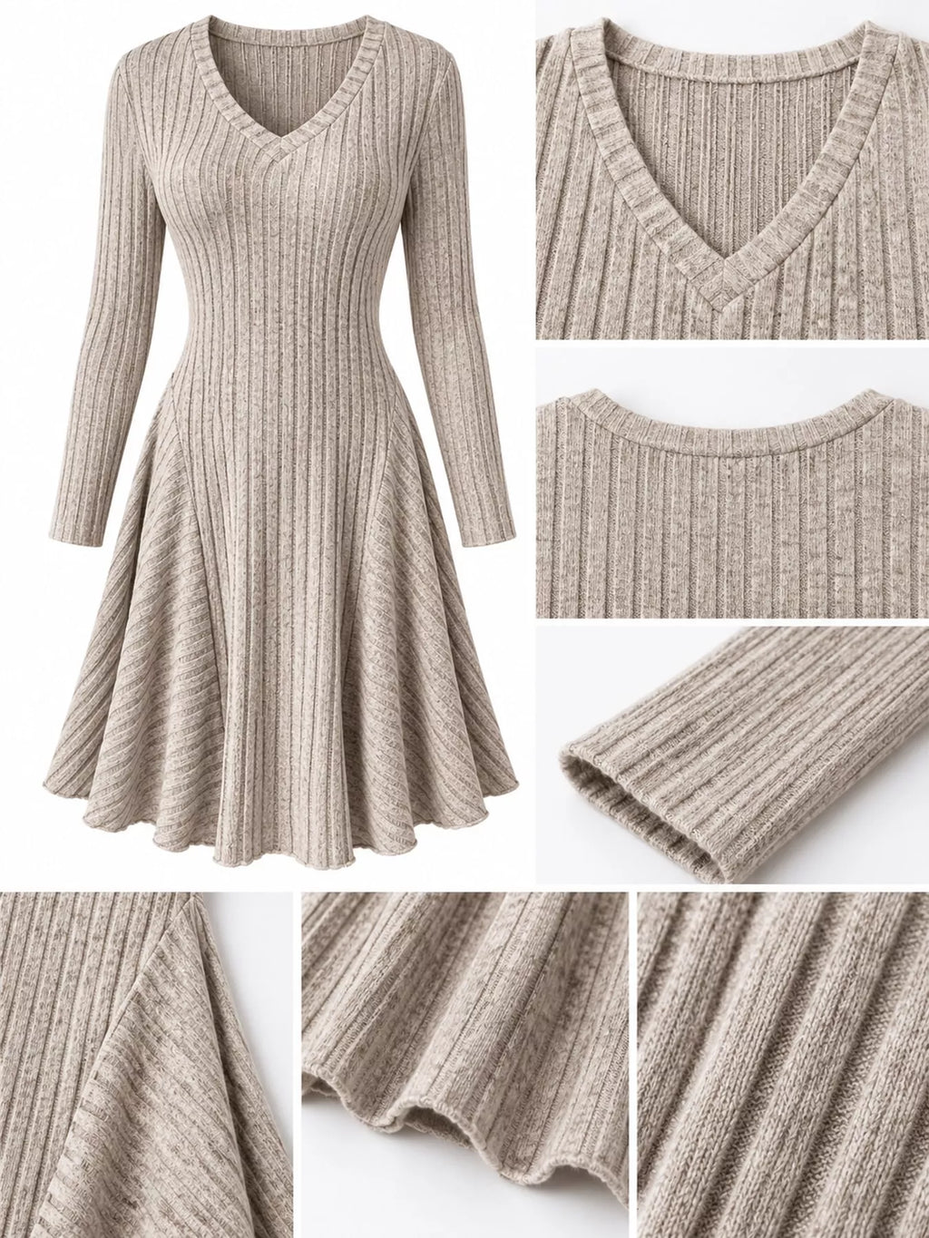 V-Neck Ribbed Knit A-Line Dress