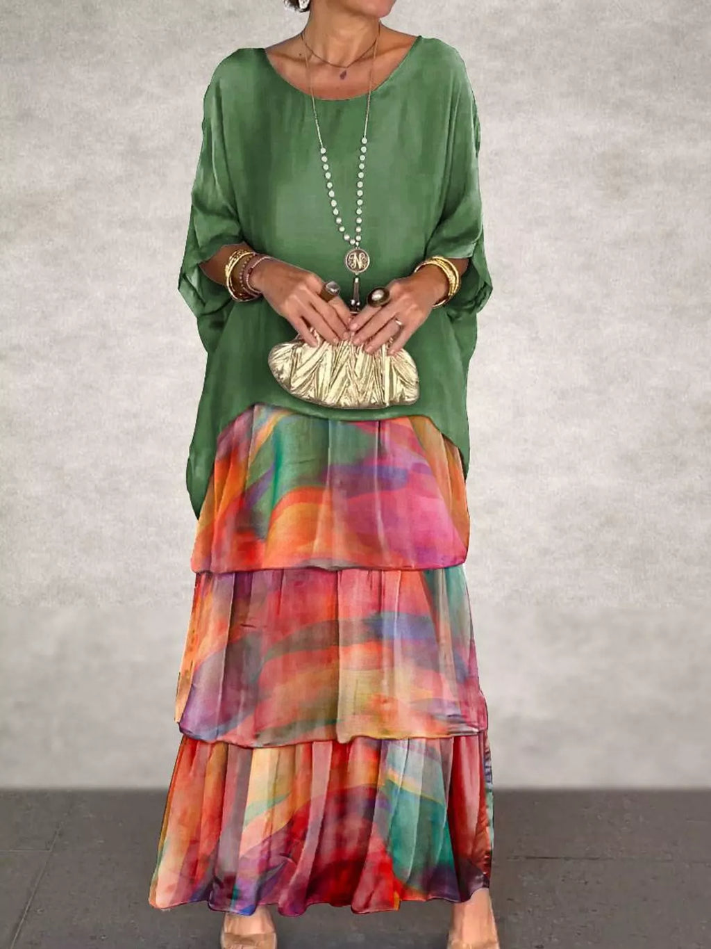 Full Size Layered Batwing Sleeve Maxi Dress Plus Size
