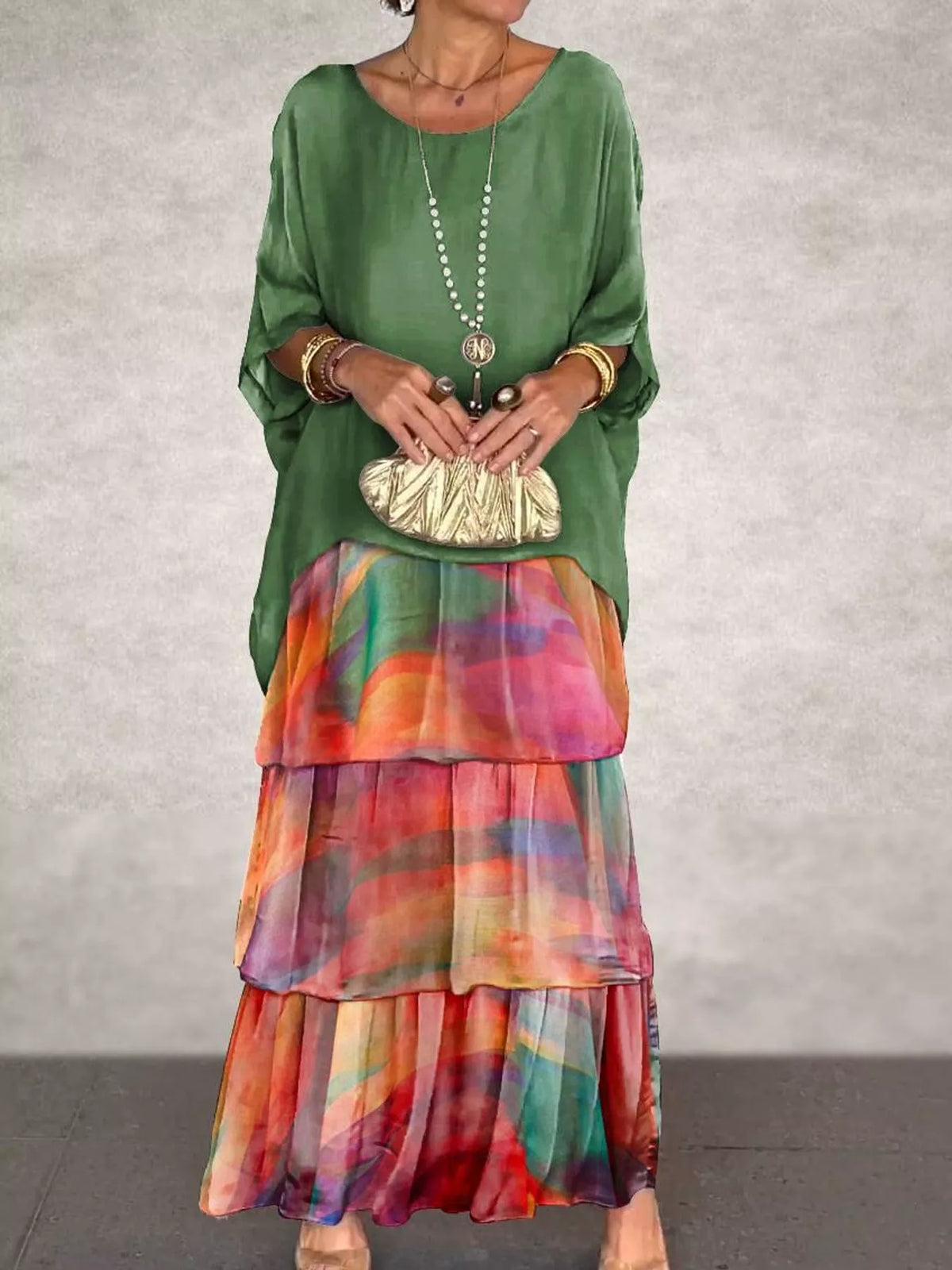 Full Size Layered Batwing Sleeve Maxi Dress Plus Size