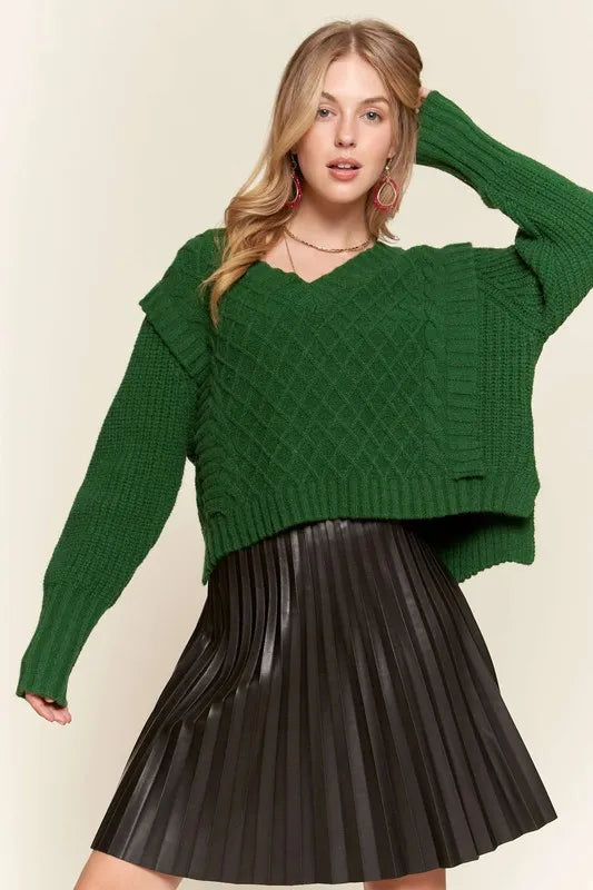 Ruffle Detail Cable Knit V-Neck Long Sleeve Sweater