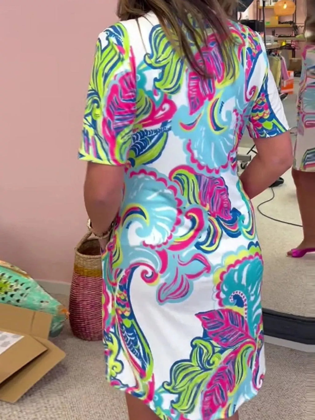 Full Size Vibrant Paisley Print Short Sleeve Shift Dress Plus Size