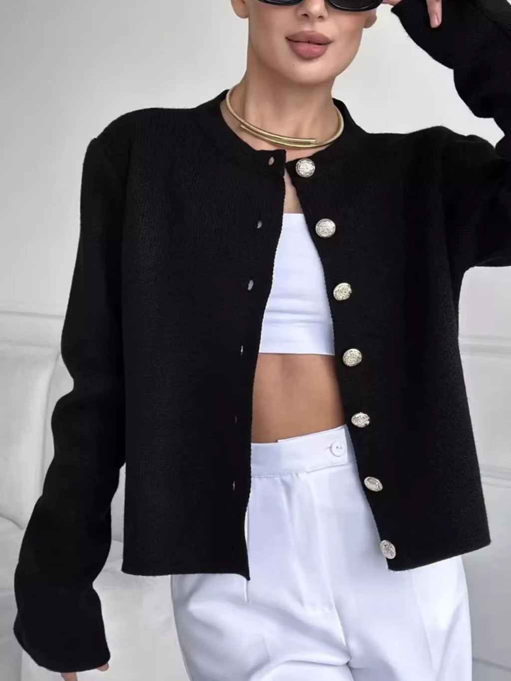 Crew-Neck Button Down Cardigan