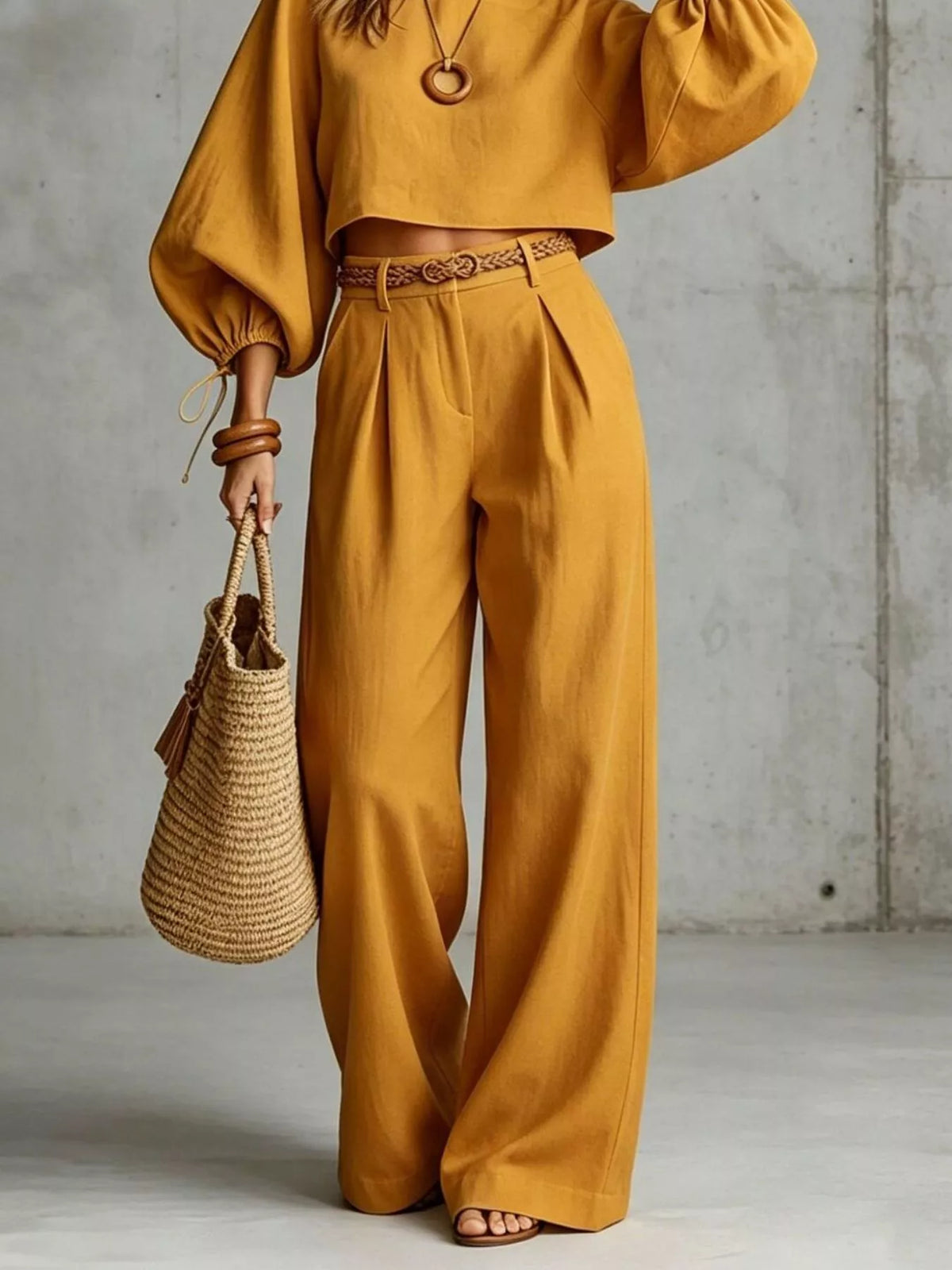 Balloon Sleeve Crop Top and Wide-Leg Pants Set