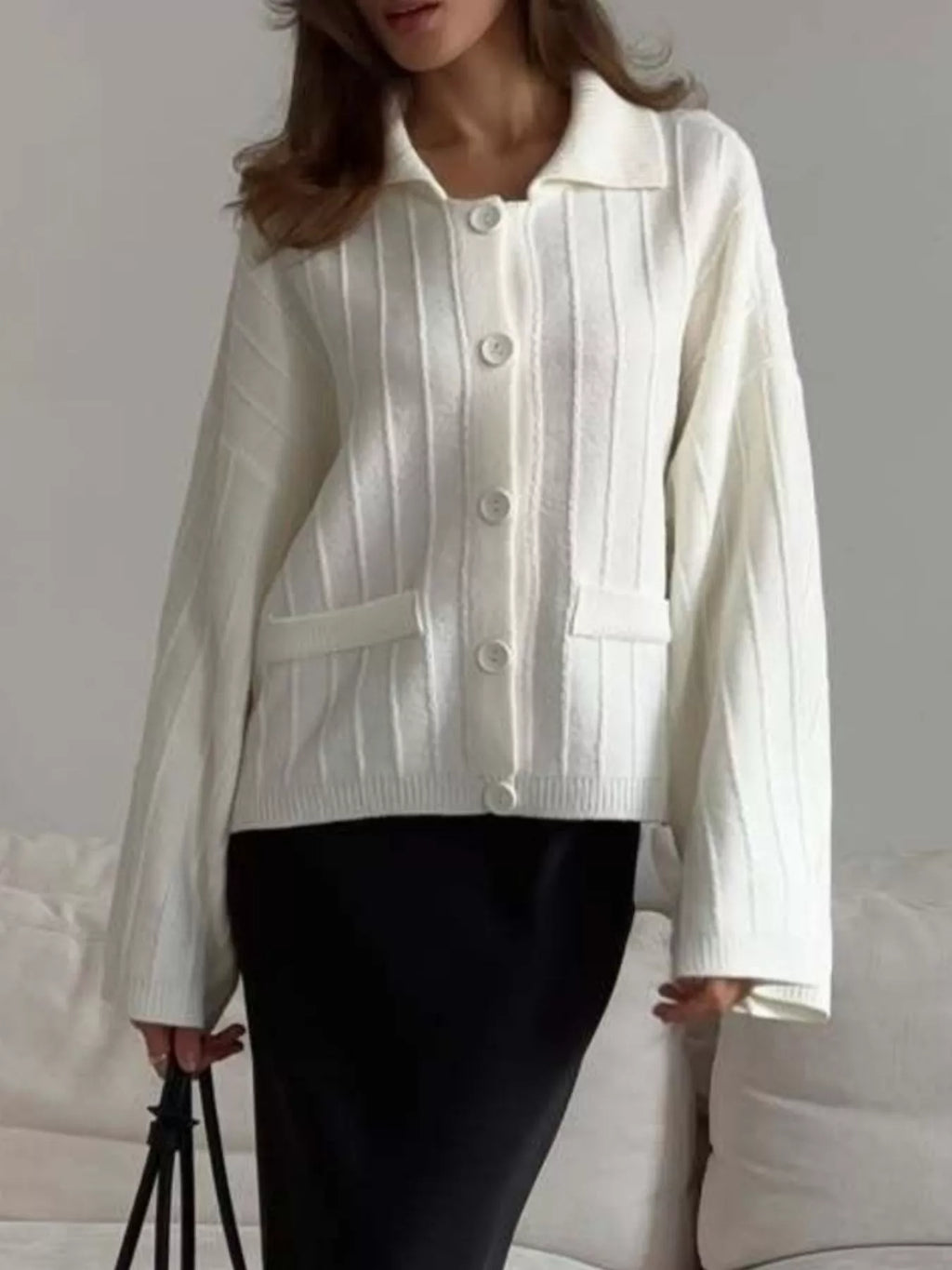 Texture Knit Cardigan with Wide Sleeves and Collar