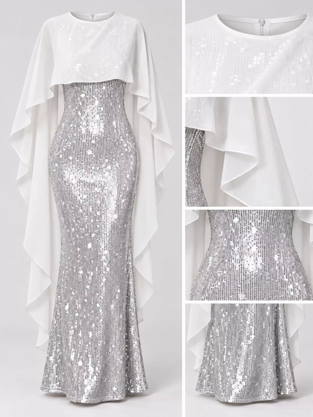 Sequin Cape Overlay Evening Dress