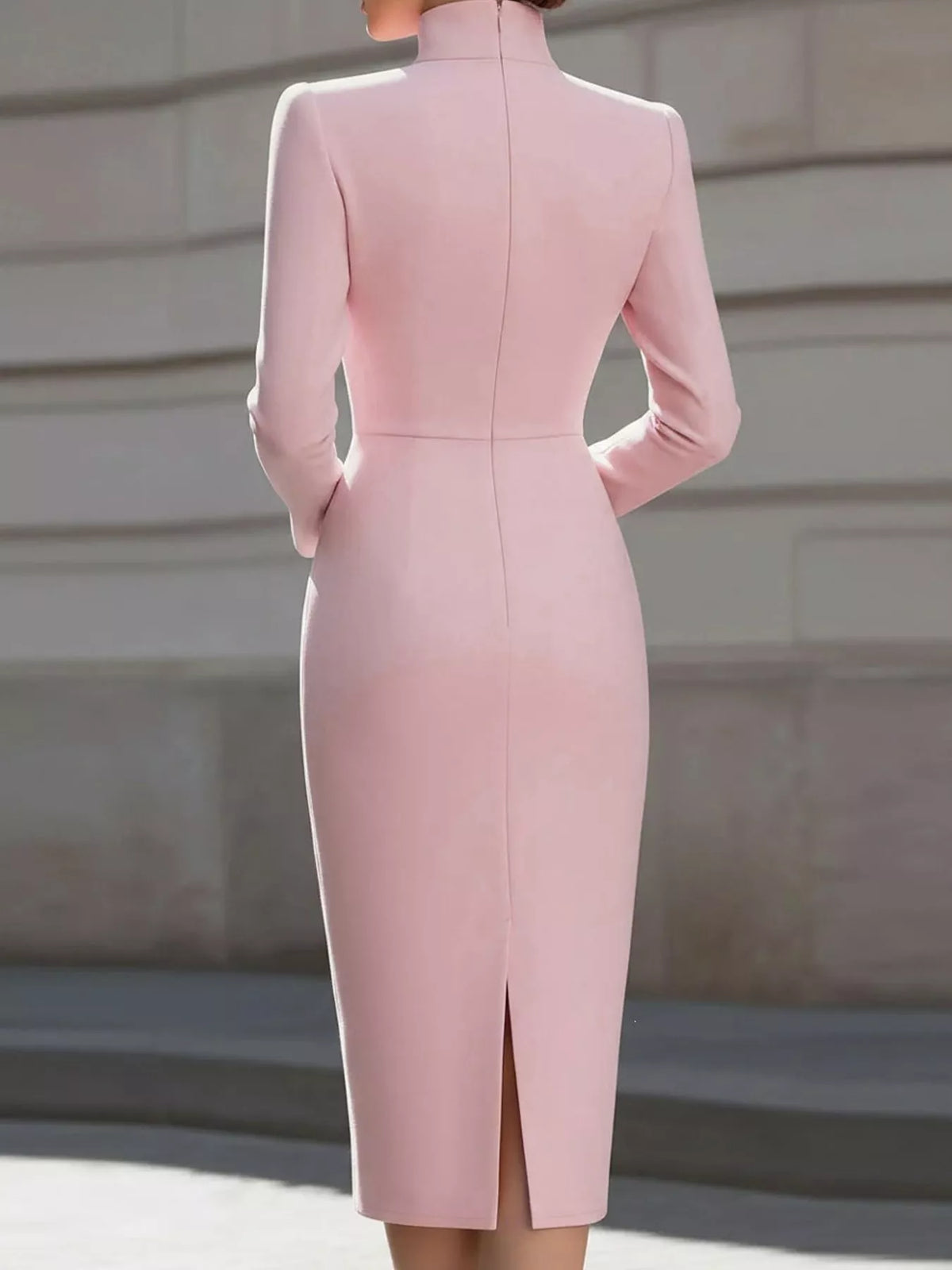 Full Size Stand-Collar Long-Sleeve Midi Dress Plus Size