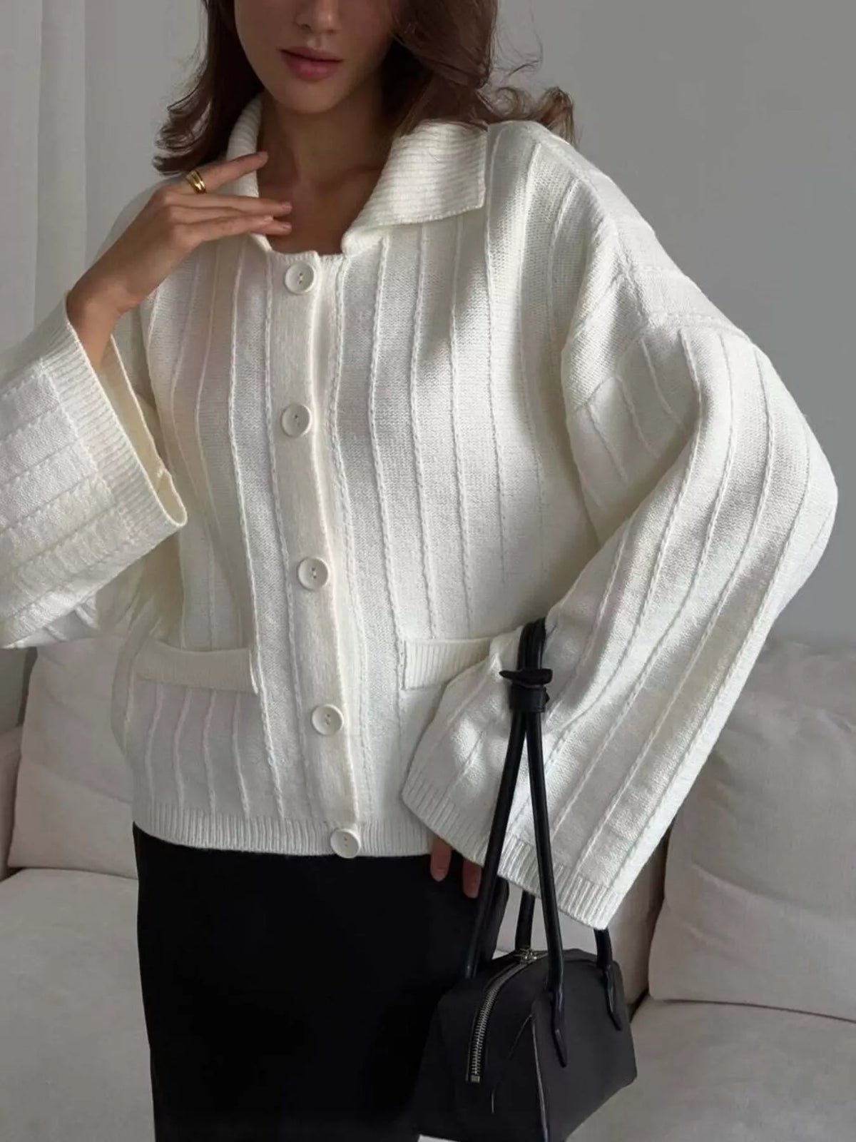 Texture Knit Cardigan with Wide Sleeves and Collar