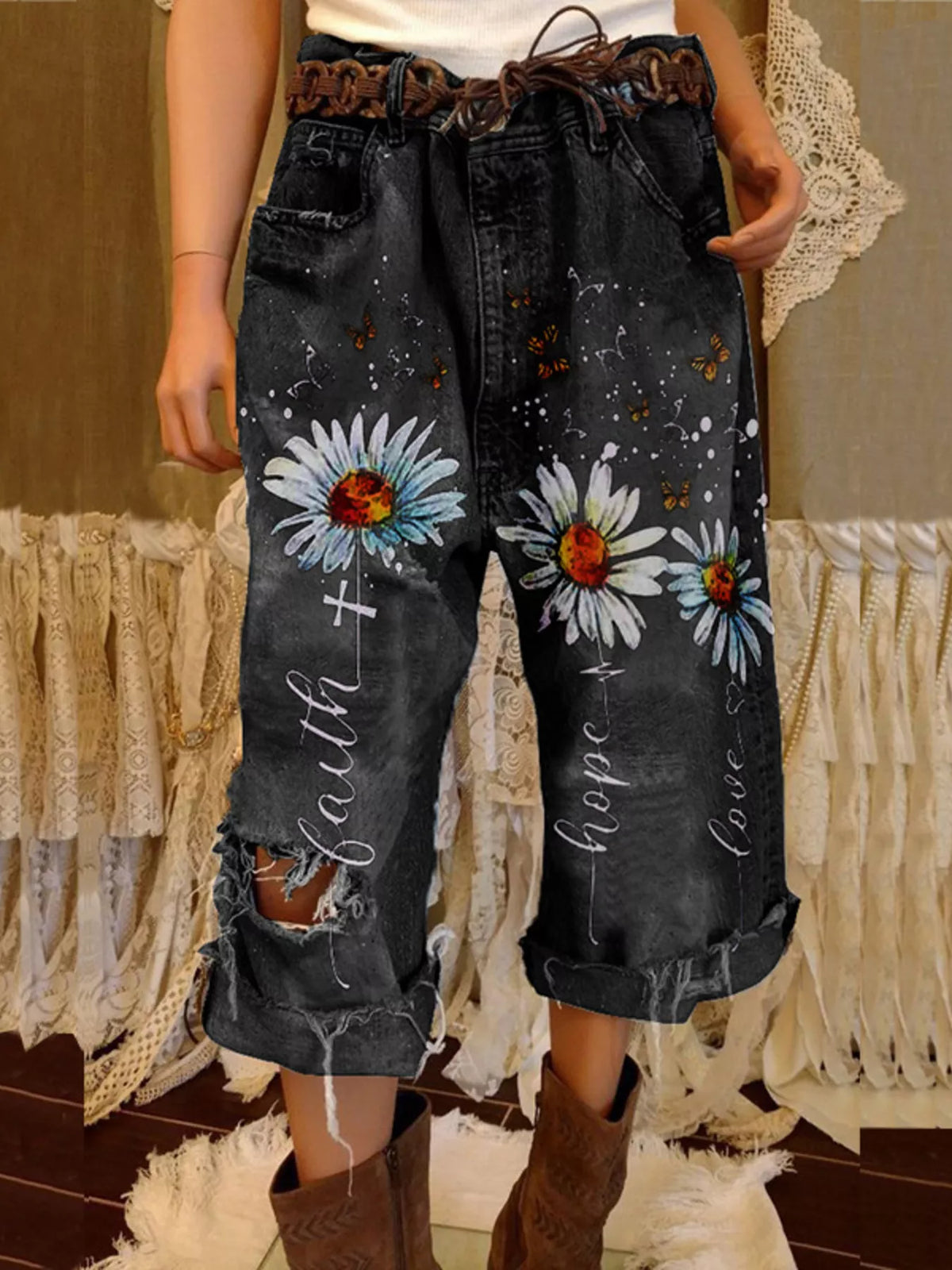 Full Size Floral Distressed Cropped Jeans Plus Size