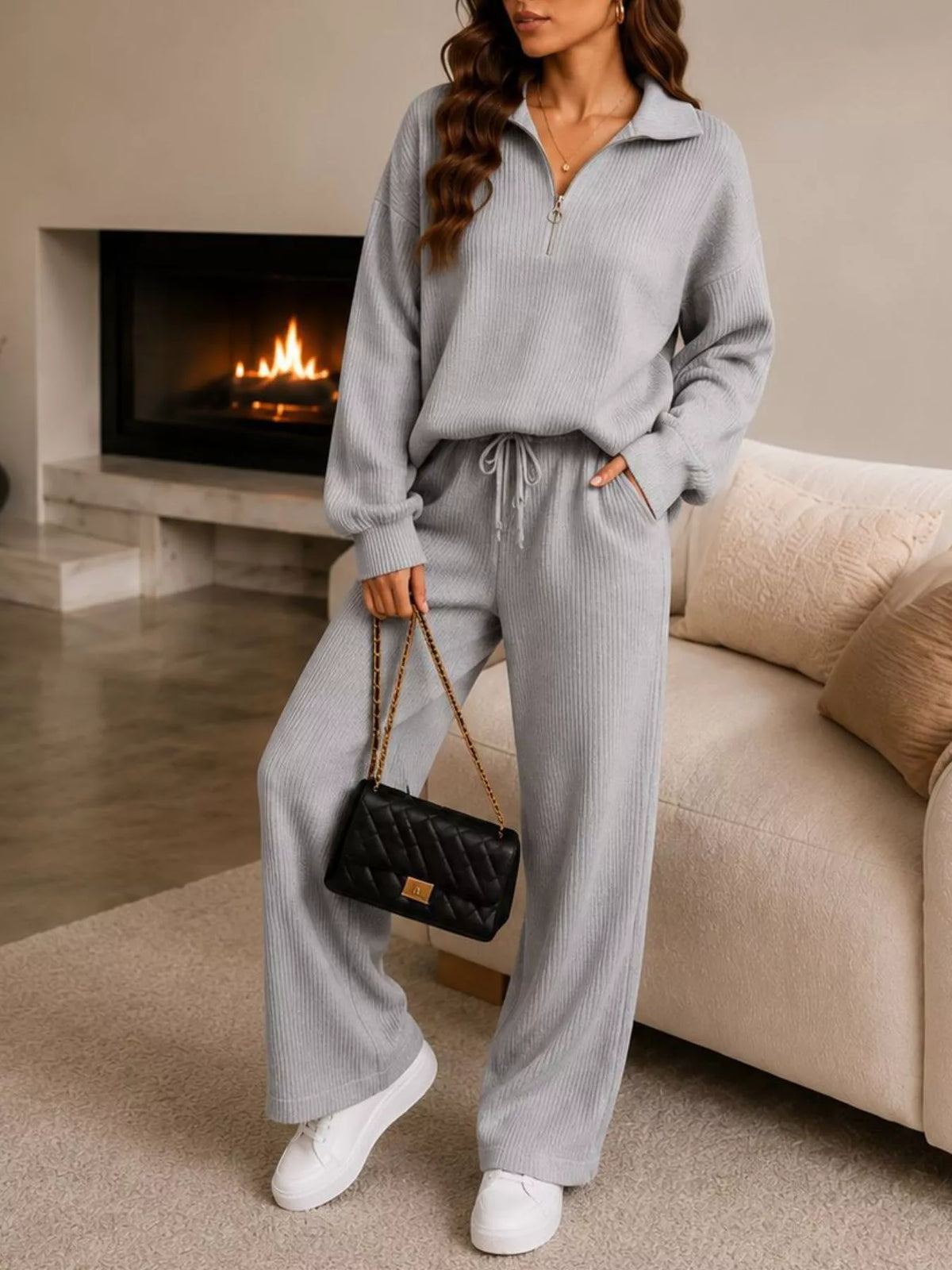Cozy Ribbed Knit Quarter-Zip Top and Wide-Leg Set