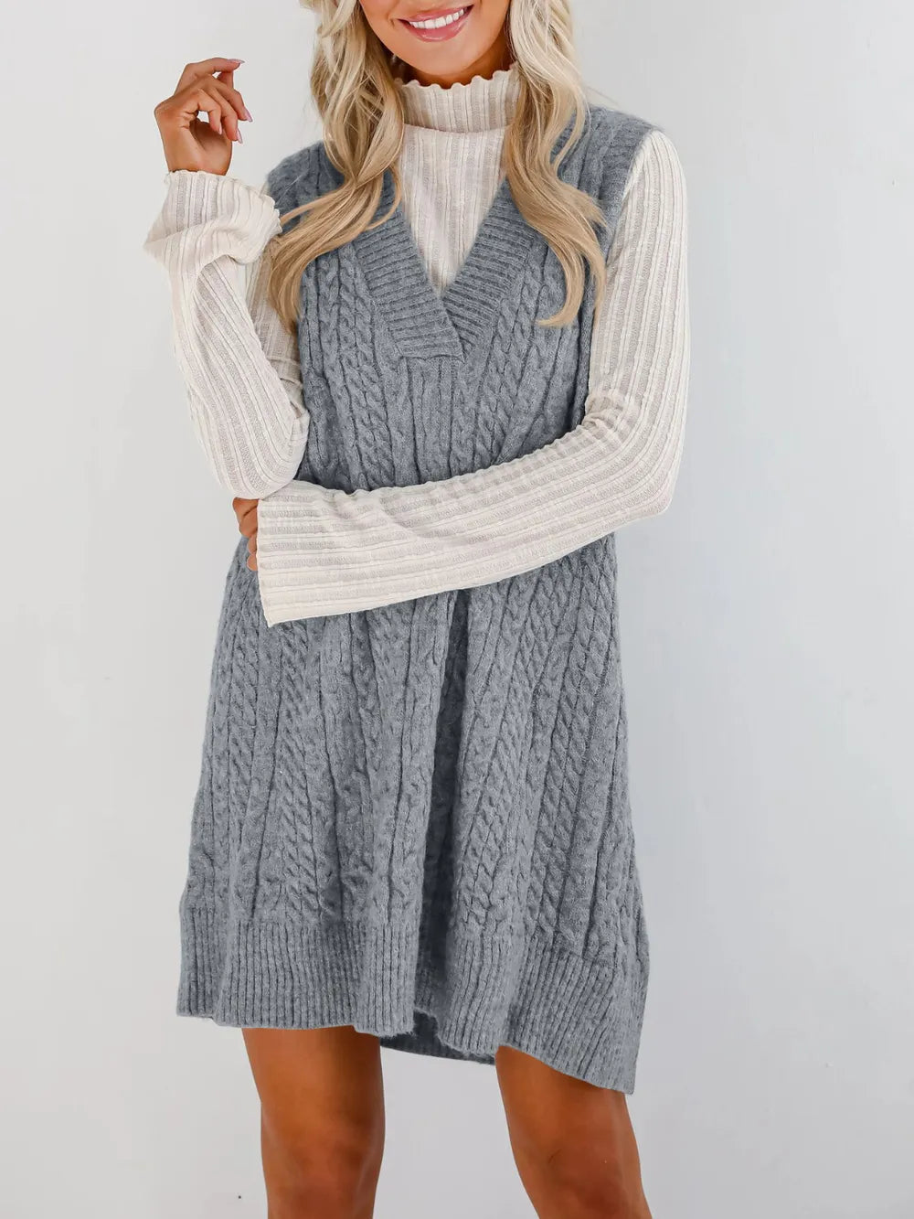 Cable Knit V-Neck Mini Sweater Overall Dress