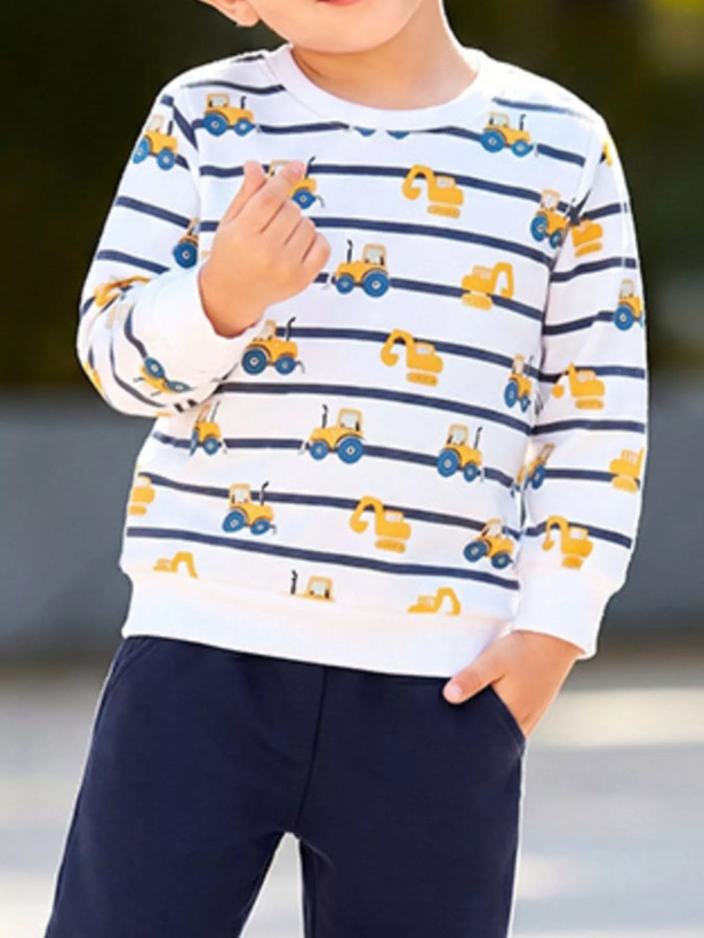 Children's Construction Vehicle Print Long Sleeve Sweatshirt and Pants Set