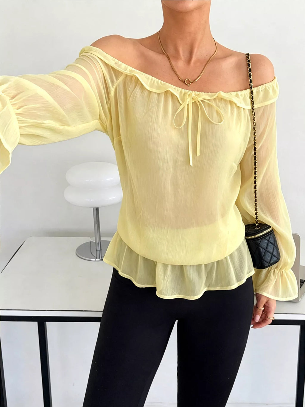 Off-Shoulder Flounce Sleeve Chiffon Blouse