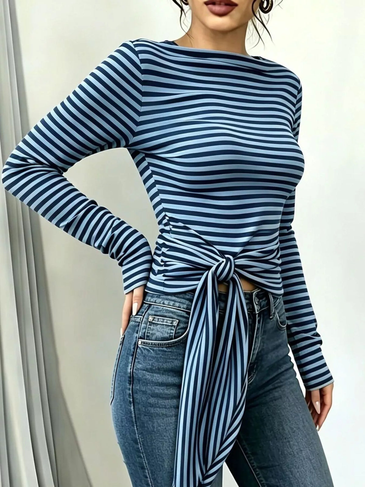 Long Sleeve Striped T-Shirt with Front Tie Detail